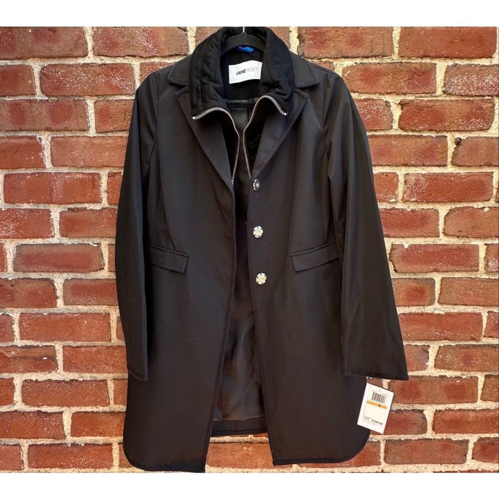 Jane Post $1200 Cashmere Trim Rain Coat Slicker Jacket Black sz womens Small NWT
